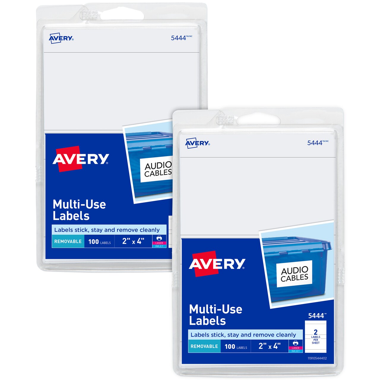 Avery Printable All-Purpose Removable Labels, 2" x 4", White Labels, 2 Packs, 200 Customizable Blank Labels Total (7827)
